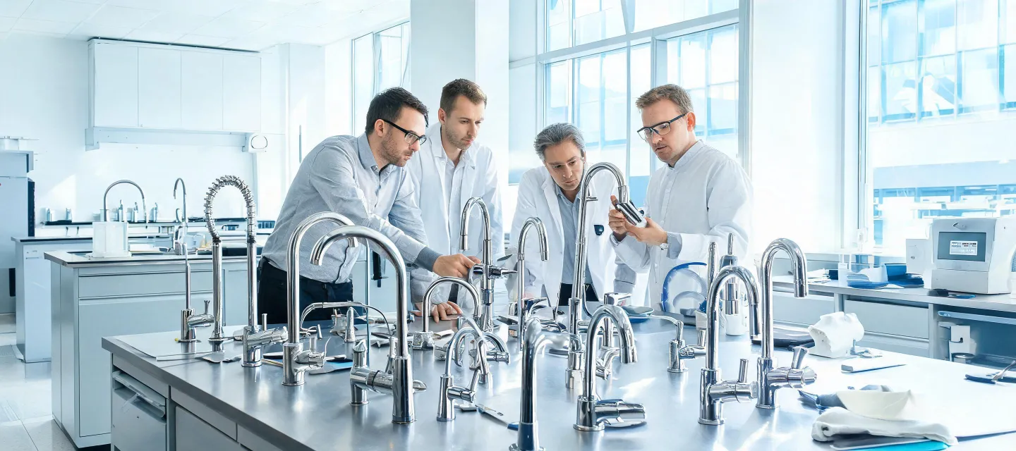 Grohe engineering team reviewing faucet prototypes in Düsseldorf lab