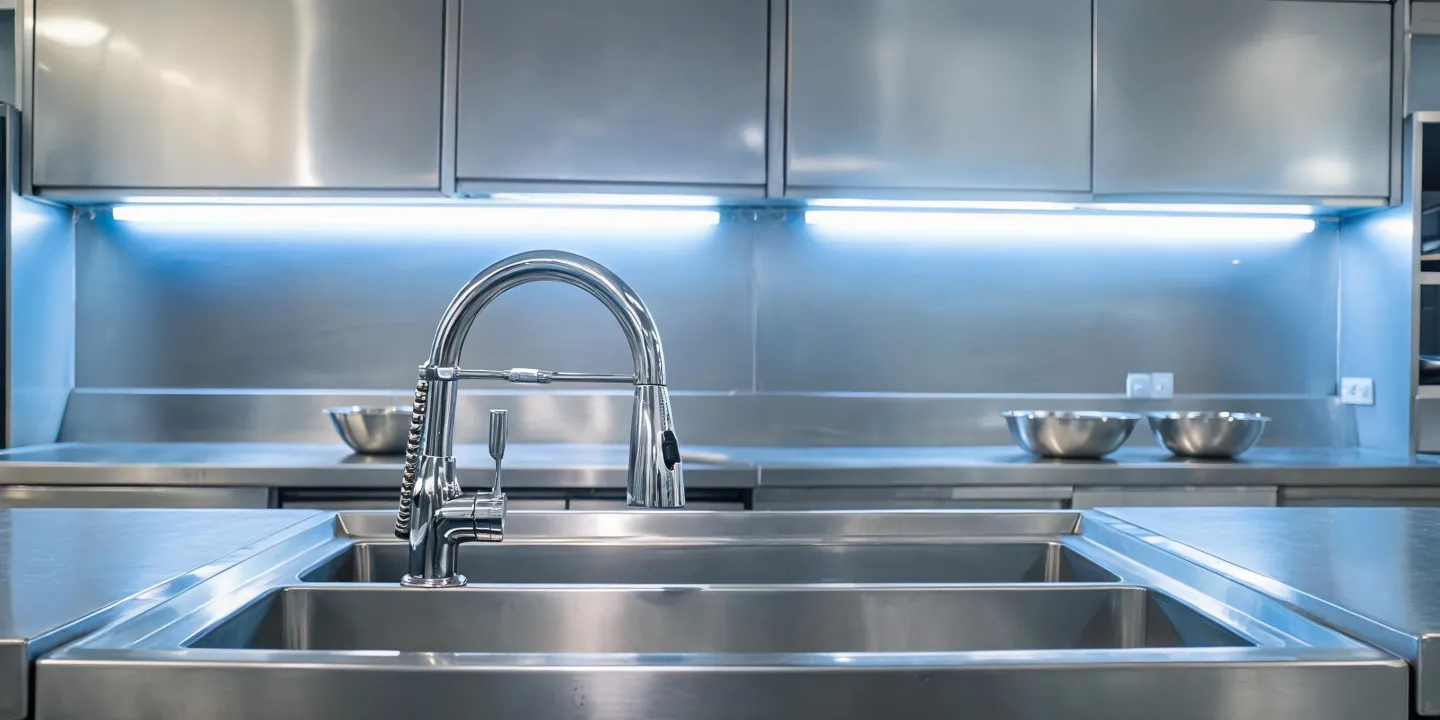Commercial kitchen with Grohe pull-out faucet at stainless prep station