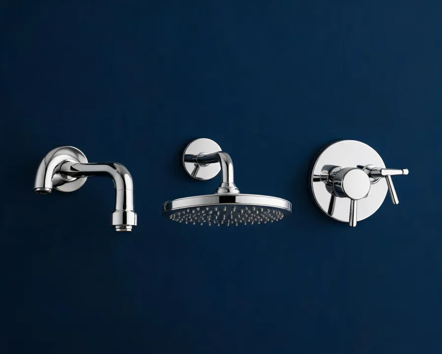 Grohe faucet and shower trim display on showroom wall