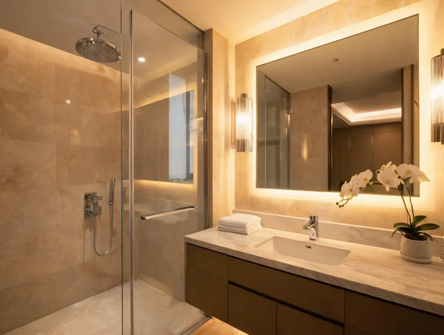 Completed hotel bathroom with Grohe shower package