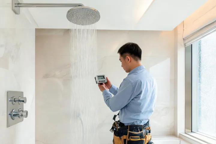 Hotel guest bathroom with rain shower during commissioning